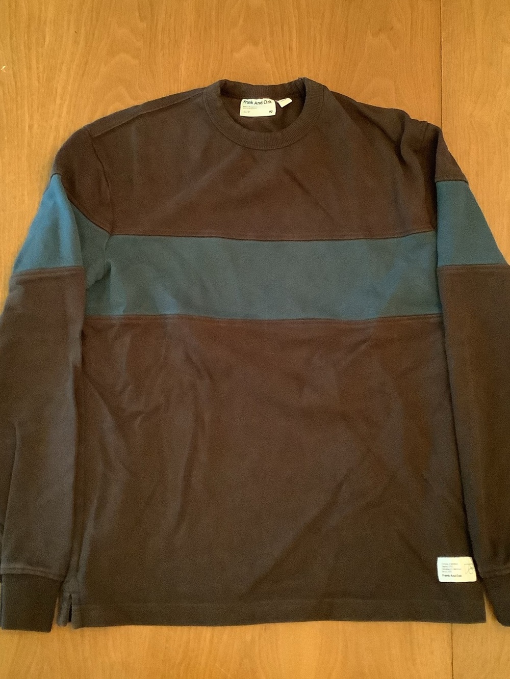 Frank & Oak Men’s Brown Long Sleeve Crewneck Sweater with Blue Stripe